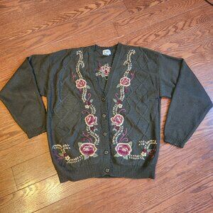 Vintage Koret Sweater Women L Olive Green Wool Blend Flower Embroidered Cardigan